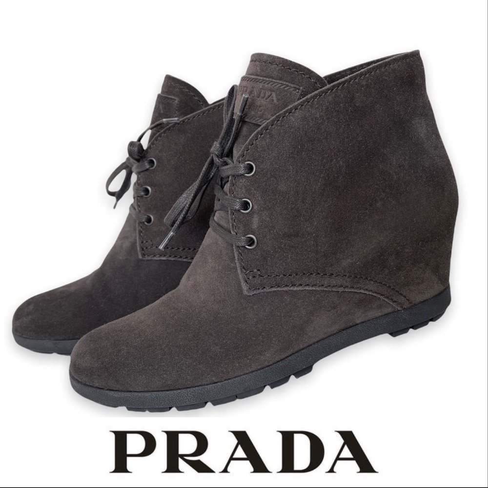 PRADA Milano Suede Desert Wedge Ankle Boot Lace-up - Brown- Sz. 8.5/ 39 …